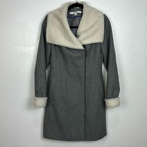 DKNY Wool Blend Asymmetrical Fleece Trimmed Coat In Gray Size 2